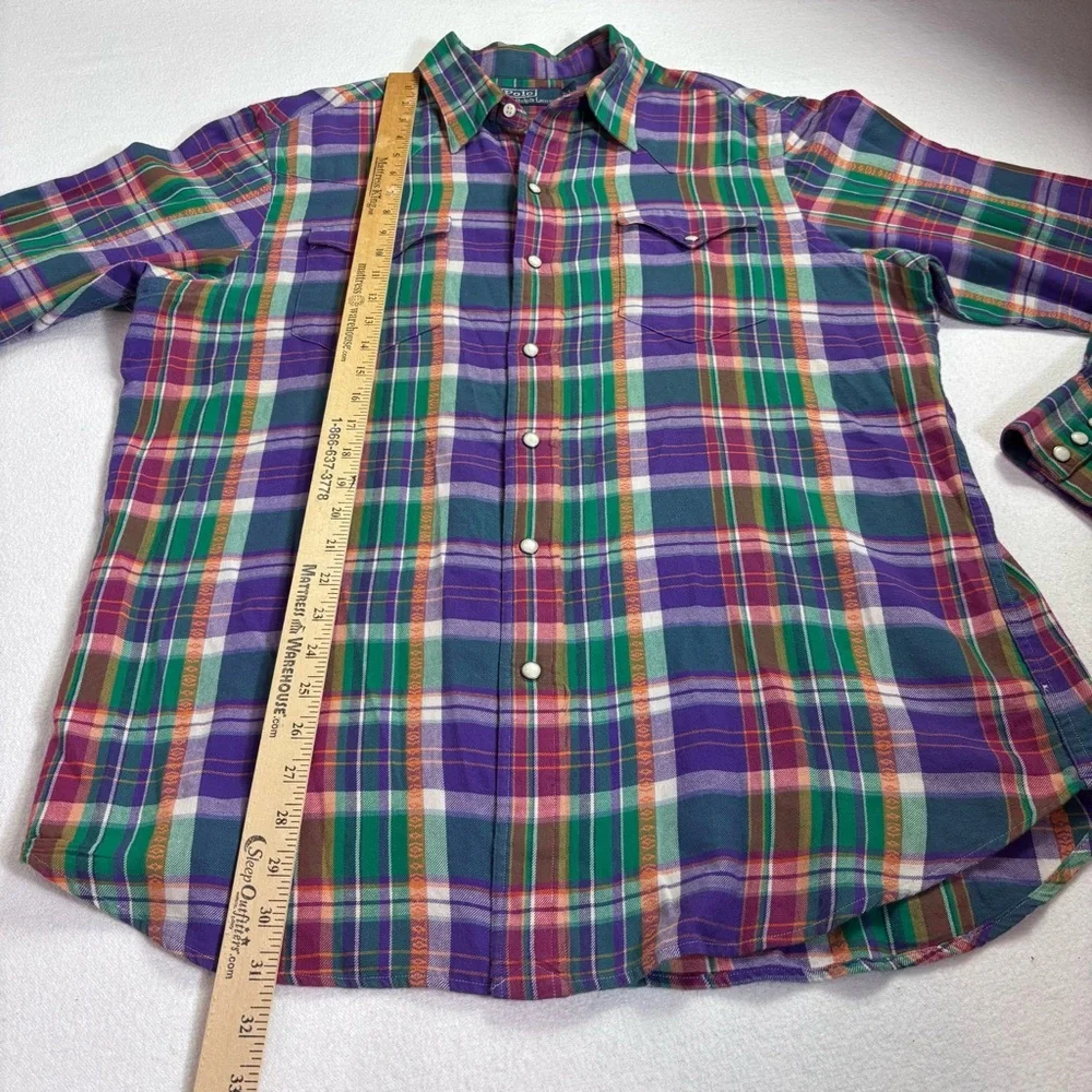 Vintage Polo Ralph Lauren Purple Plaid Pearl Snap Western Cowboy Shirt L Ranch
